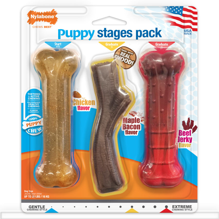 Nylabone Puppy Chew Stages Triple Pack Chewy Toys Chicken, Bacon, Beef Jerky