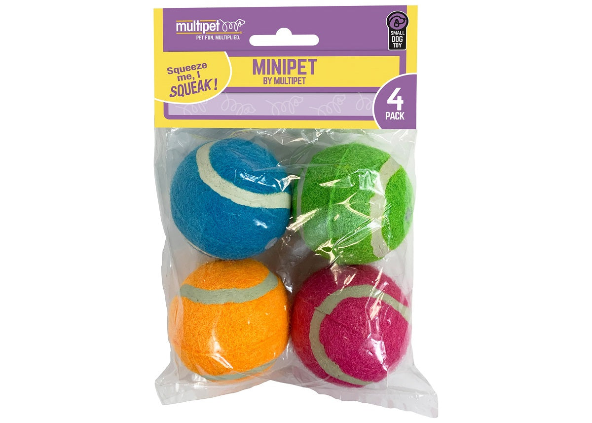 Multipet Minipet Squeaky Tennis Balls Dog Toy Assorted Colors 4pk 2″